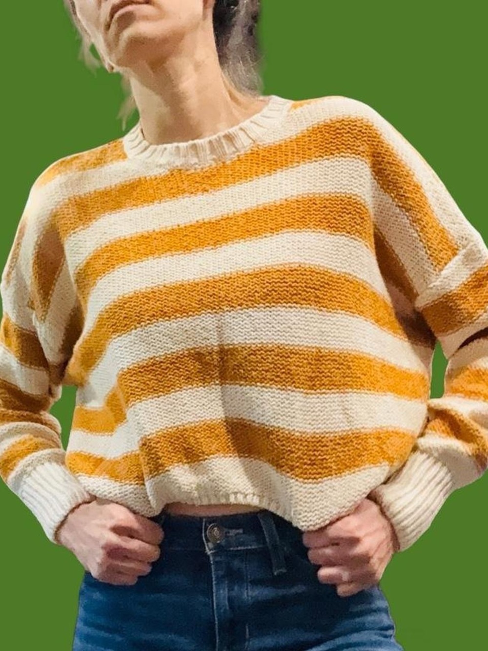 Billabong Striped Cropped Sweater Small Yellow Cream Chunky Knit Beachy - Picture 2 of 12